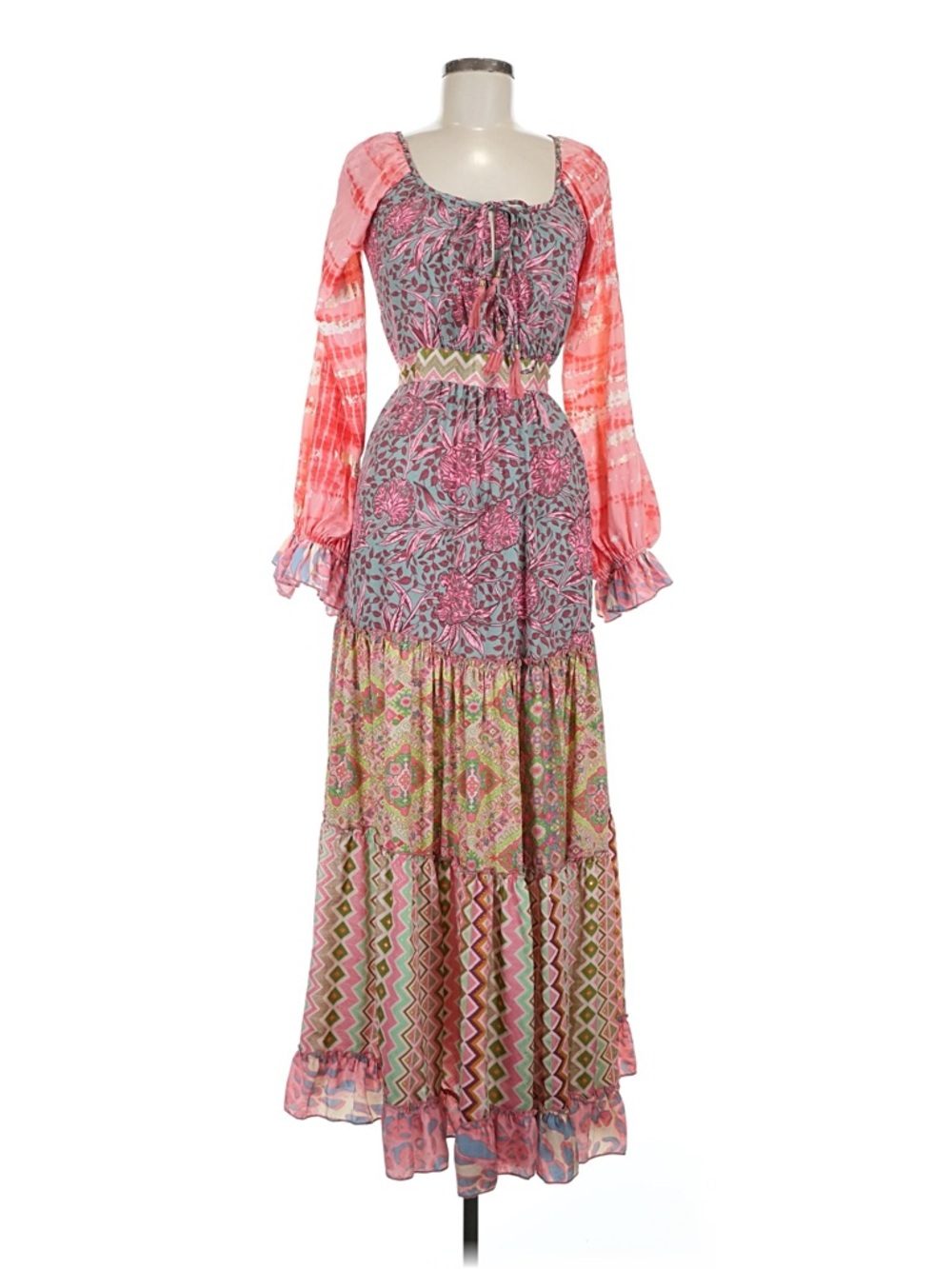 NWT Karma Highway Multi-Print Boho Maxi Dress with Tie